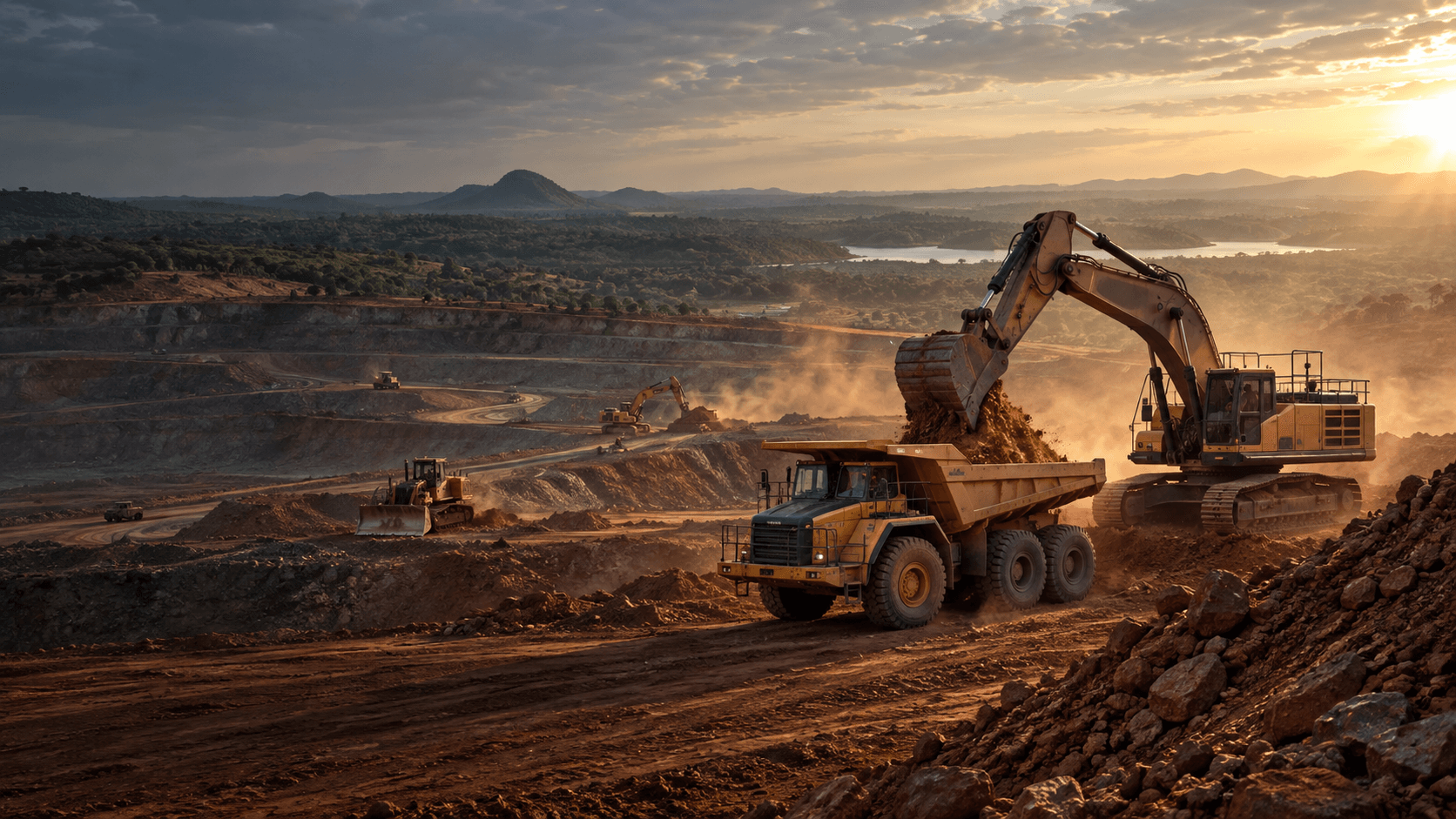 Excavator loading a haul truck at a large open-pit mining operation